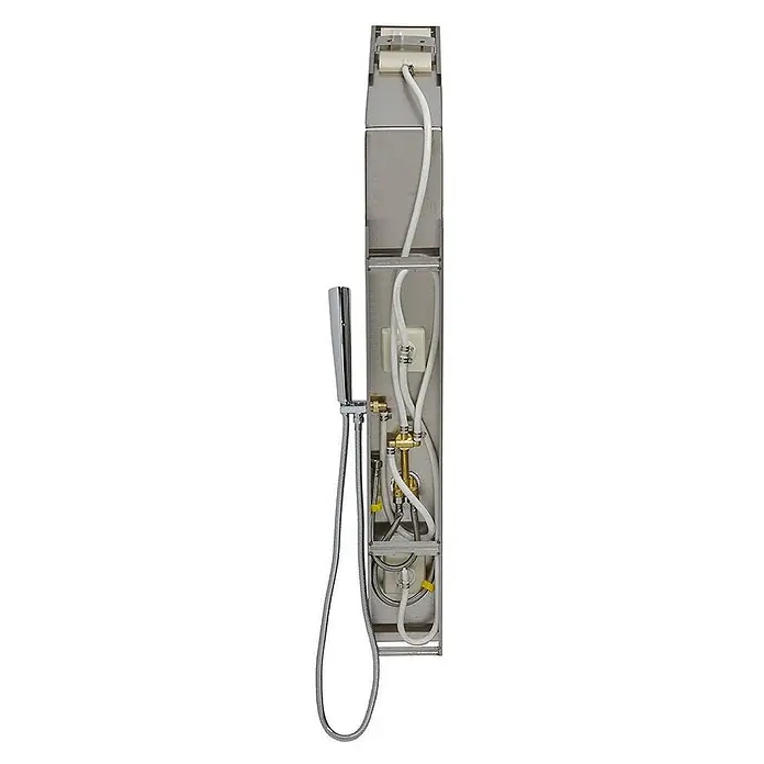 Kiamami Valentina Duschpaneel - Höhe: 1.250 cm, Chrom - Innenansicht einer Duschsäule aus Edelstahl mit weißen Schläuchen, Messingarmaturen und einer Chrom-Handbrause.