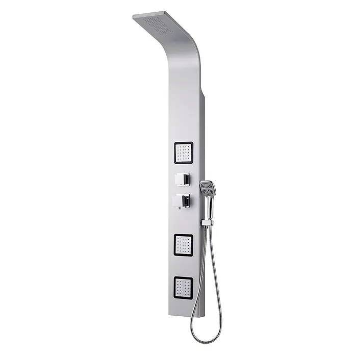 Kiamami Valentina Duschpaneel - Höhe: 0,02 cm, Grau - Schlanke silberne Duschpaneel mit Kopfbrause, vier quadratischen Massagedüsen, zwei Bedienknöpfen und Handbrause mit Schlauch.