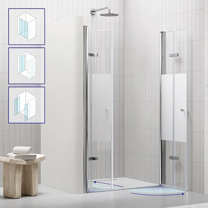 i-flair Dusch-Falttür DTSMF76 - 76 x 195 cm, Beschichtet, Silber, Glasstärke: 6 mm - Eckduschkabine mit klaren/milchigen Falttüren & Chrombeschlägen. Diagramme zeigen vielseitige Aufstellmöglichkeiten.