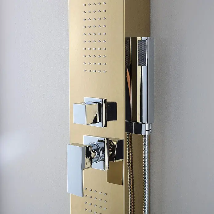 Kiamami Valentina Duschpaneel - Höhe: 1.500 cm, Gold - Goldene Duschpaneel mit quadratischen Chromarmaturen und Handbrause.