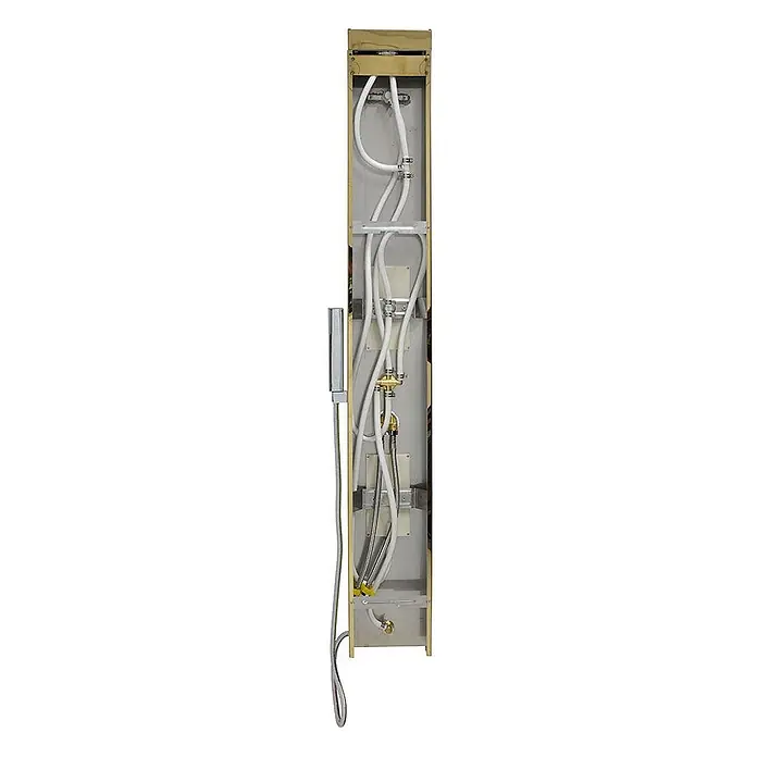 Kiamami Valentina Duschpaneel - Höhe: 1.500 cm, Gold - Innenansicht eines Duschpaneels mit weißen Schläuchen und Messing-/Chromarmaturen in einem Metallrahmen.