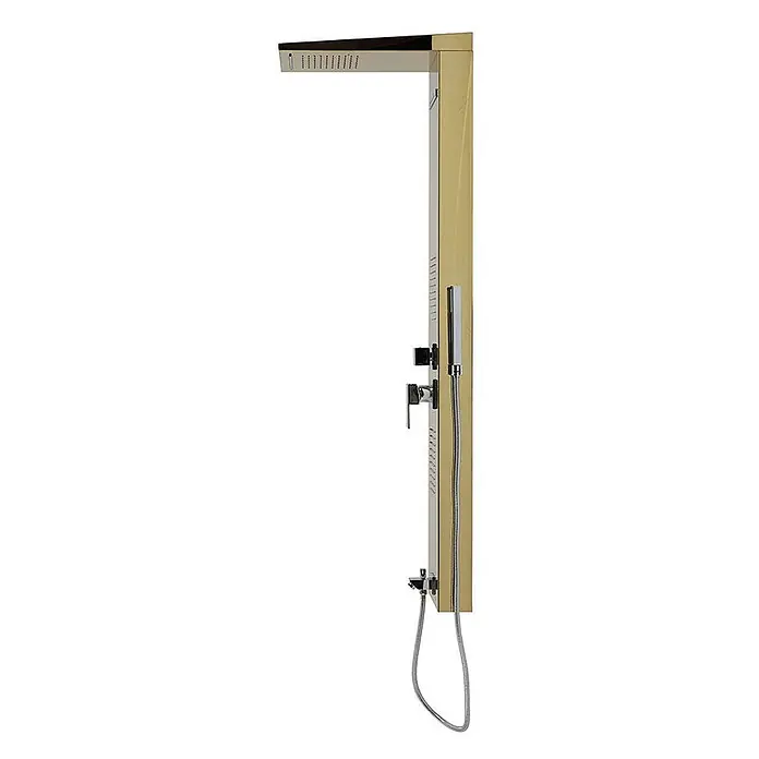 Kiamami Valentina Duschpaneel - Höhe: 1.500 cm, Gold - Goldenes Duschpaneel mit rechteckiger Kopf- und Handbrause, Massagedüsen und Chrom-Bedienelementen.
