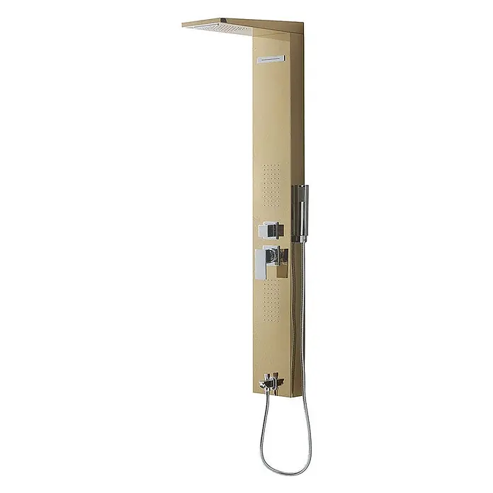 Kiamami Valentina Duschpaneel - Höhe: 1.500 cm, Gold - Goldfarbenes Duschpaneel mit Regenduschkopf, Massagedüsen, Bedienelementen und Handbrause.