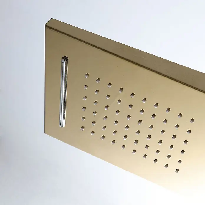 Kiamami Valentina Duschpaneel - Höhe: 1.500 cm, Gold - Rechteckiger Duschkopf aus gebürstetem Gold mit mehreren Wasserdüsen und einem silbernen Vertikalbalken.