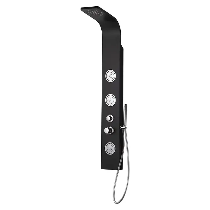 Kiamami Valentina Duschpaneel - Höhe: 1.550 cm, Schwarz - Schwarzes Duschpaneel mit integrierter Regendusche, Massagedüsen und Handbrause. Verchromte Bedienelemente.