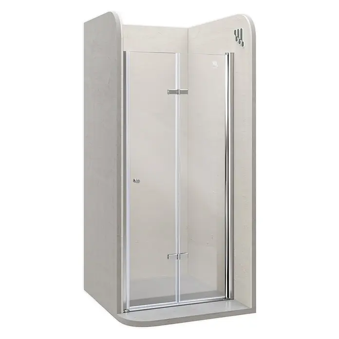 i-flair Dusch-Falttür DT822C100 - Beschichtet, Silber, Glasstärke: 6 mm - Klare Glas-Duschkabine mit glänzenden Chromprofilen und Flügeltüren, eingebaut in eine helle Wand.