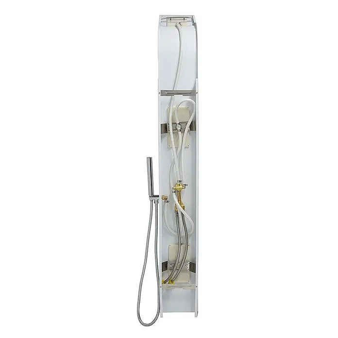 Kiamami Valentina Duschpaneel - Höhe: 1.640 cm, Weiß - Innenansicht einer weißen Duschsäule mit Messingarmaturen, flexiblen Schläuchen und einer Handbrause.