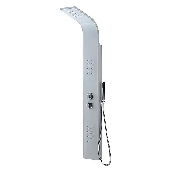 Kiamami Valentina Duschpaneel - Höhe: 1.640 cm, Weiß - Modernes silbernes Duschpaneel mit integrierter Regendusche, Massagedüsen, Bedienknöpfen und flexibler Handbrause.