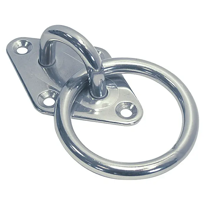 Mastplatte - Ring, 5 mm, Edelstahl, A2 - Das Bild zeigt einen Ringbügel aus Edelstahl mit einer rechteckigen Montageplatte und vier Löchern für die Befestigung.