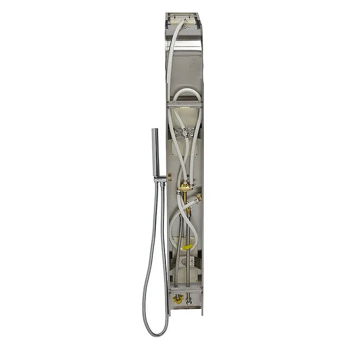 Kiamami Valentina Duschpaneel - Höhe: 1.250 cm, Chrom - Edelstahl-Duschpaneel, Rückansicht, zeigt interne Verrohrung mit weißen Schläuchen, Messingarmaturen und einer Chrom-Handbrause.