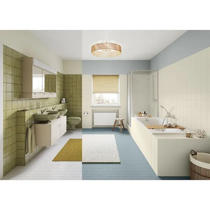 Alpina Wandfarbe Bad & Küche Sturmwolke - Grau, Matt, 2,5 l - Geteiltes Bild, das ein Badezimmer in Vintage-Grünfliesen mit einem modernen Bad in Blau und Creme vergleicht.