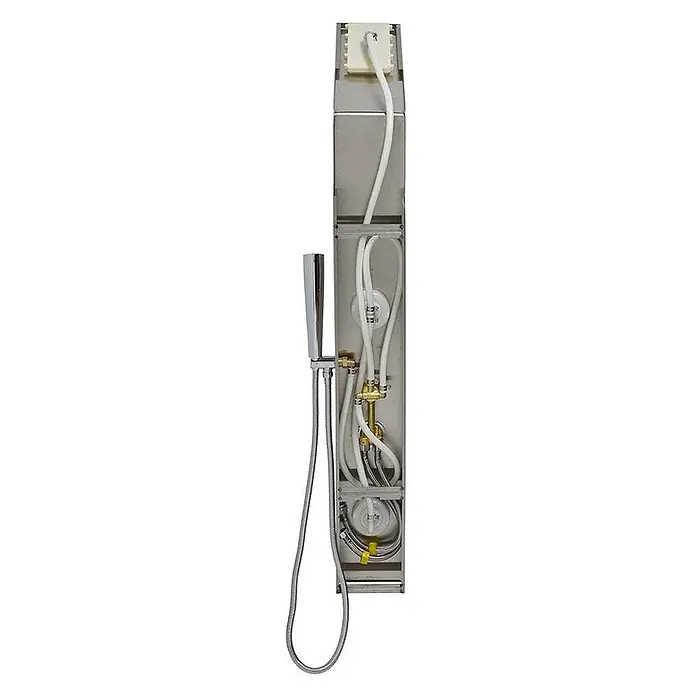 Kiamami Valentina Duschpaneel - Höhe: 1.200 cm, Chrom - Innenansicht einer Duschsäule mit Edelstahlrahmen, weißen Schläuchen, Messingarmaturen und einer verchromten Handbrause mit flexiblem Schlauch.