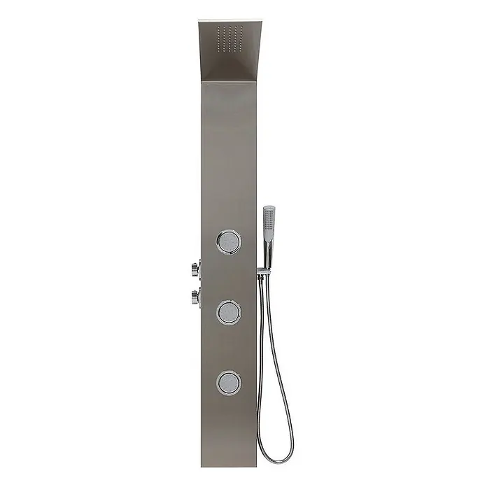 Kiamami Valentina Duschpaneel - Höhe: 1.500 cm, Chrom - Gebürstetes Edelstahl-Duschpaneel mit Kopfbrause, mehreren Massagedüsen und einer Handbrause.