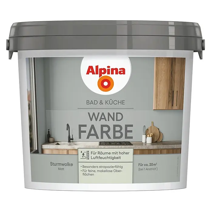 Alpina Wandfarbe Bad & Küche Sturmwolke - Grau, Matt, 2,5 l - Alpina Wandfarbe „Sturmwolke“ (matt) für Bad & Küche, in einem weißen Eimer. Geeignet für feuchte Räume, sehr strapazierfähig.