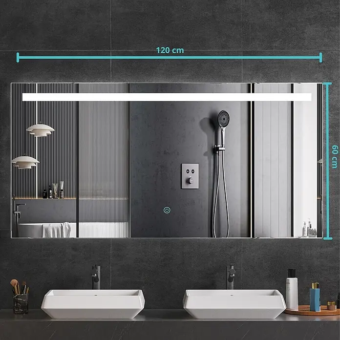 LOMAZOO Lichtspiegel LMZ-HOUSTON - 120 x 60 cm, Glänzend weiß - Rechteckiger LED Badspiegel mit Touch-Steuerung, 120x60 cm, über zwei Waschbecken montiert.