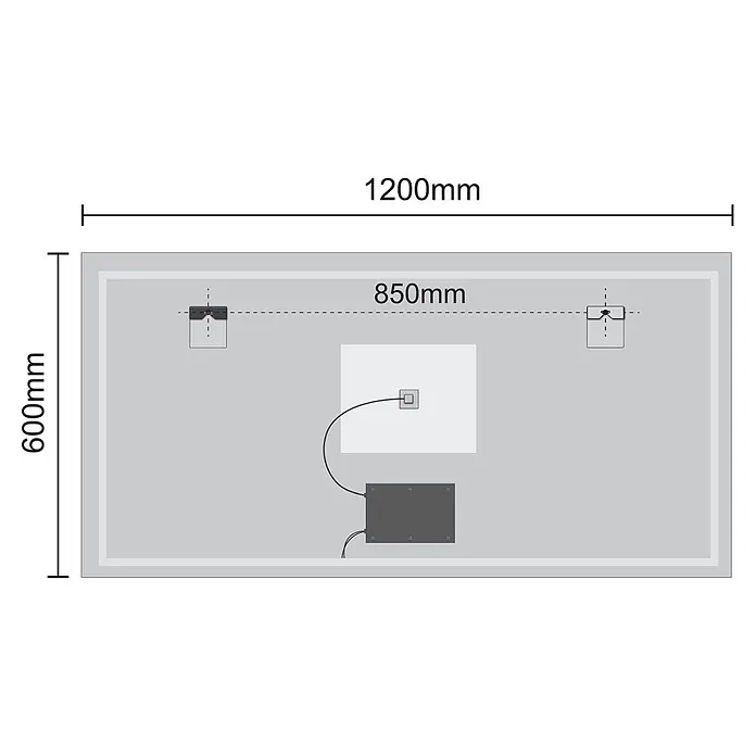 LOMAZOO Lichtspiegel LMZ-HOUSTON - 120 x 60 cm, Glänzend weiß - Rückansicht eines 1200x600mm Spiegels, mit zwei oberen Halterungen (850mm Abstand) und zentraler Elektroanschlussbox.