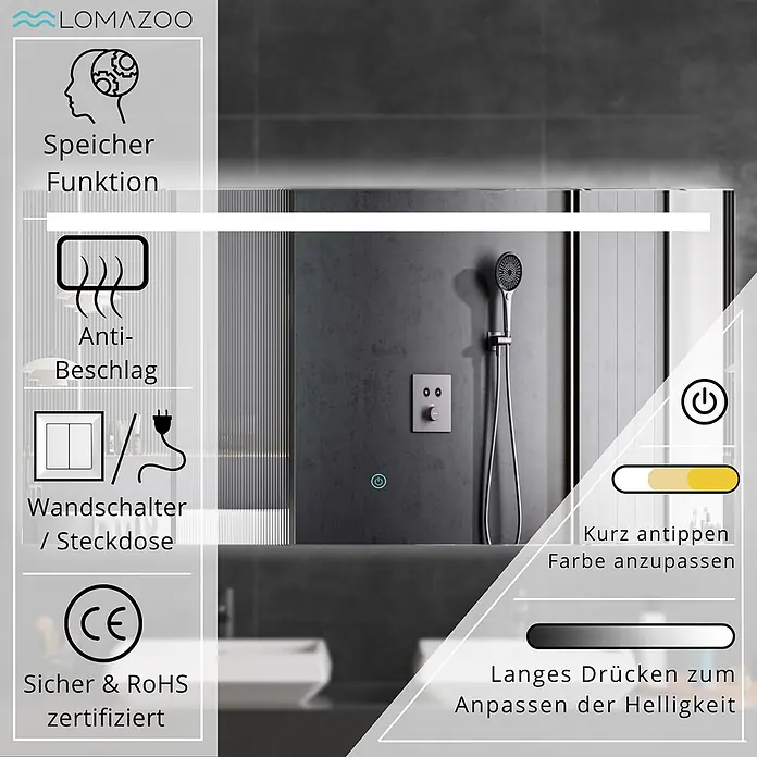 LOMAZOO Lichtspiegel LMZ-HOUSTON - 120 x 60 cm, Glänzend weiß - Moderner Badezimmerspiegel mit LED-Beleuchtung, Antibeschlag und Touch-Steuerung für Farbe und Helligkeit.