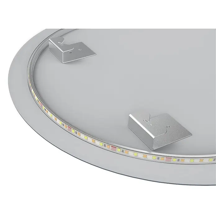 LOMAZOO Lichtspiegel LMZ-DALLAS - Durchmesser: 80 cm, Glänzend weiß - Runde silberne Platte mit LED-Streifenbeleuchtung und zwei Metallhalterungen auf der Rückseite.