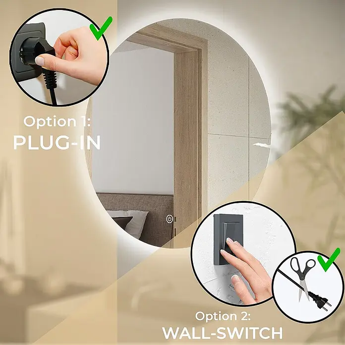 LOMAZOO Lichtspiegel LMZ-DALLAS - Durchmesser: 80 cm, Glänzend weiß - Runder LED-Spiegel mit zwei Stromversorgungsoptionen: Direktstecker oder Festverdrahtung für Wandschaltersteuerung.