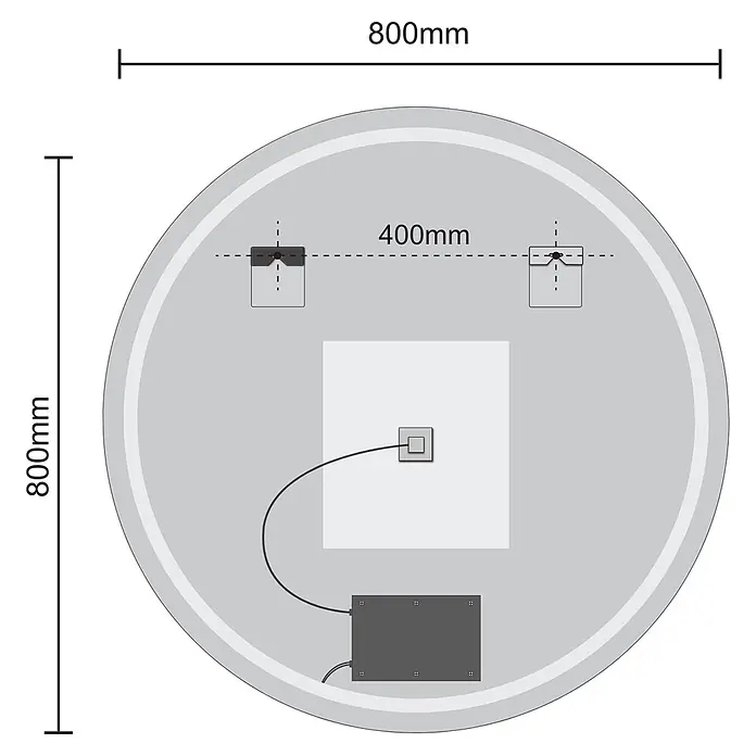 LOMAZOO Lichtspiegel LMZ-DALLAS - Durchmesser: 80 cm, Glänzend weiß - Runde Spiegelrückseite, 800mm Durchmesser, mit 400mm Befestigungspunkten und elektrischen Komponenten.