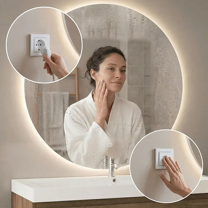 LOMAZOO Lichtspiegel LMZ-DALLAS - Durchmesser: 80 cm, Glänzend weiß - Runder Badezimmerspiegel mit integrierter Beleuchtung und Antibeschlagfunktion, bedienbar per Stecker und Berührungsschalter.