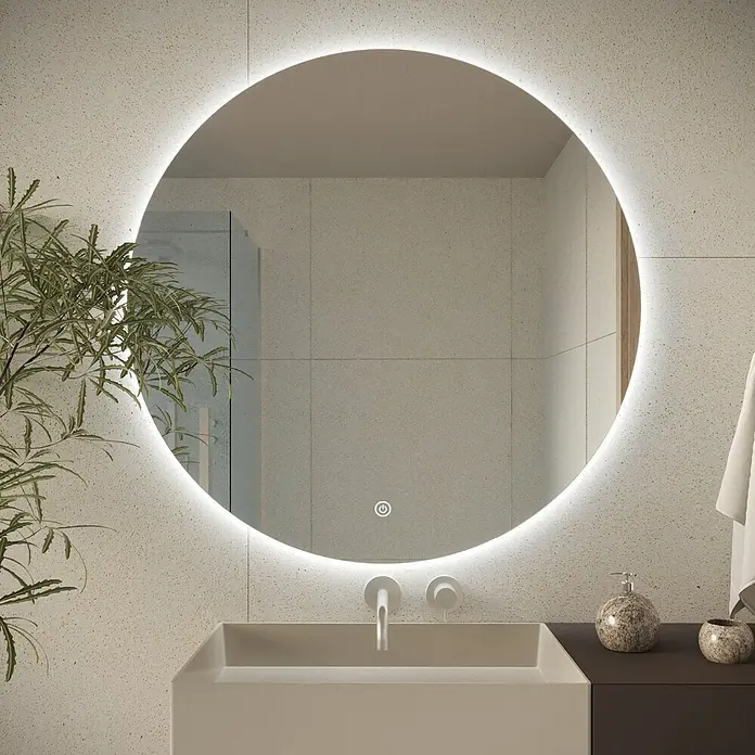 LOMAZOO Lichtspiegel LMZ-DALLAS - Durchmesser: 80 cm, Glänzend weiß - Runder LED-beleuchteter Badspiegel mit Touch-Steuerung, über einem modernen Waschbecken installiert.