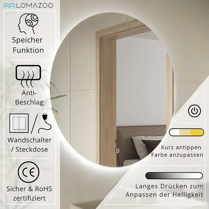 LOMAZOO Lichtspiegel LMZ-DALLAS - Durchmesser: 80 cm, Glänzend weiß - Runder LED-Badezimmerspiegel mit Anti-Beschlag, Speicherfunktion und berührungsgesteuerter Farbanpassung und Helligkeitsregelung.