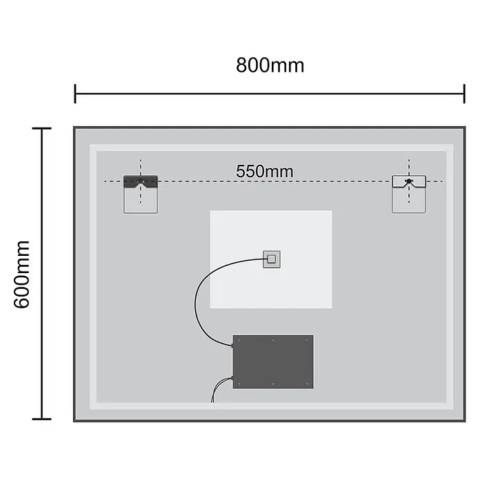 LOMAZOO Lichtspiegel LMZ-BORDEAUX - Schwarz - Rückseite eines rechteckigen Spiegels, 800x600mm, mit 550mm auseinanderliegenden Befestigungspunkten und einer Elektrodose.