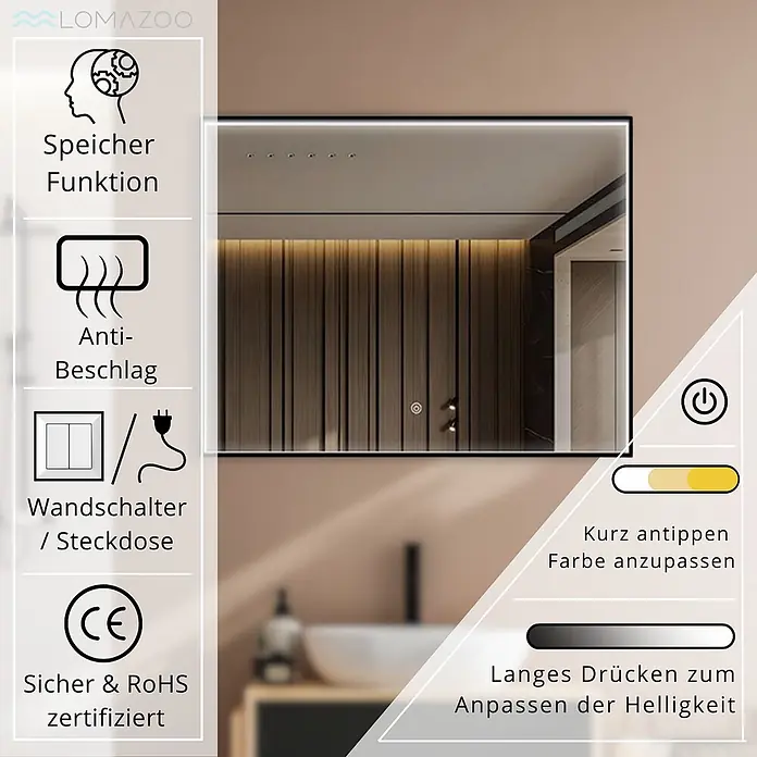 LOMAZOO Lichtspiegel LMZ-BORDEAUX - Schwarz - Rechteckiger LED-Badspiegel mit Speicher-, Anti-Beschlag-Funktion und Touch-Steuerung für Farbe und Helligkeit.