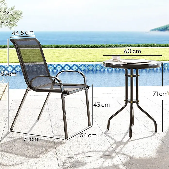 Outsunny Gartentisch-Set - Gesamtumfang: 3 -tlg., L x B x H: 60 x 60 x 71 cm, Ø x H: 60 x 71 cm, Metall, gehärtetes Glas, Textilene (100 % Polyester) - Schwarzer Metall- und Netz-Gartensessel sowie runder Tisch mit Maßen, am Pool auf einer Terrasse platziert.