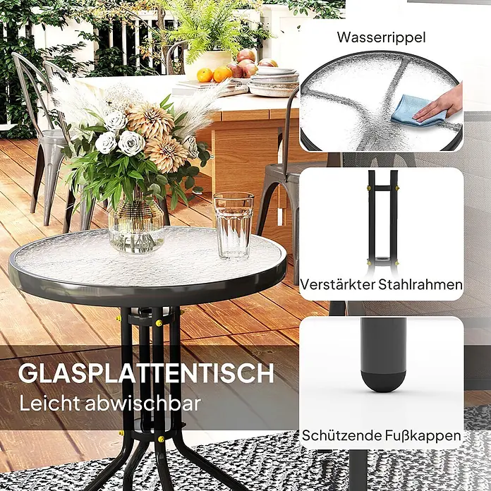 Outsunny Gartentisch-Set - Gesamtumfang: 3 -tlg., L x B x H: 60 x 60 x 71 cm, Ø x H: 60 x 71 cm, Metall, gehärtetes Glas, Textilene (100 % Polyester) - Outdoor-Bistrotisch mit texturierter Glasplatte und verstärktem Stahlrahmen.