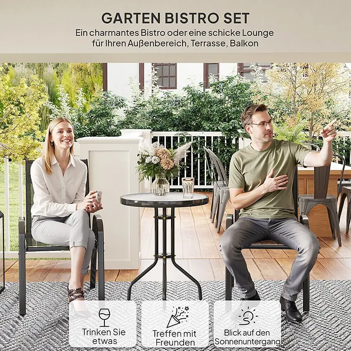 Outsunny Gartentisch-Set - Gesamtumfang: 3 -tlg., L x B x H: 60 x 60 x 71 cm, Ø x H: 60 x 71 cm, Metall, gehärtetes Glas, Textilene (100 % Polyester) - Dunkles Metall-Garten-Bistro-Set mit rundem Tisch und zwei Stühlen, von einem Paar auf der Terrasse genutzt.