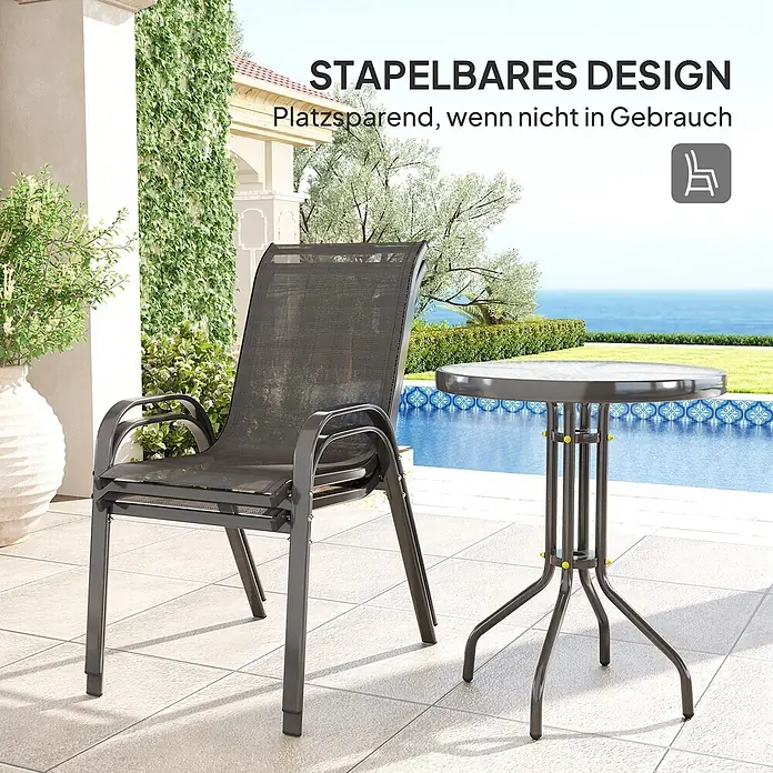 Outsunny Gartentisch-Set - Gesamtumfang: 3 -tlg., L x B x H: 60 x 60 x 71 cm, Ø x H: 60 x 71 cm, Metall, gehärtetes Glas, Textilene (100 % Polyester) - Dunkelgrauer Stapelstuhl und runder Tisch auf Terrasse, stapelbares Design hervorhebend.