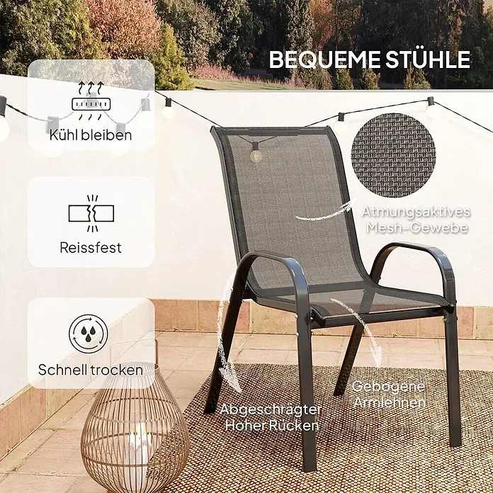 Outsunny Gartentisch-Set - Gesamtumfang: 3 -tlg., L x B x H: 60 x 60 x 71 cm, Ø x H: 60 x 71 cm, Metall, gehärtetes Glas, Textilene (100 % Polyester) - Dunkelgrauer Outdoor-Stuhl mit atmungsaktivem Mesh-Gewebe, hoher Rückenlehne und gebogenen Armlehnen auf einer Terrasse.