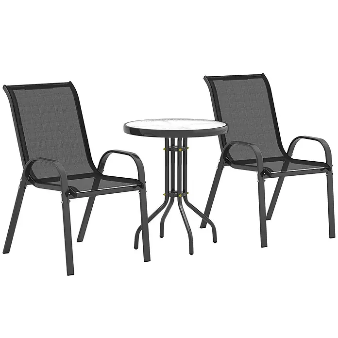 Outsunny Gartentisch-Set - Gesamtumfang: 3 -tlg., L x B x H: 60 x 60 x 71 cm, Ø x H: 60 x 71 cm, Metall, gehärtetes Glas, Textilene (100 % Polyester) - Dunkelgraues Metall-Bistroset mit zwei Netzstühlen und einem runden Glastisch.