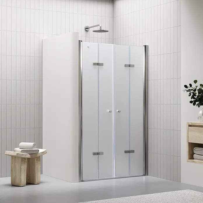 i-flair Dusch-Falttür DTSF96 - 96 x 195 cm, Beschichtet, Silber, Glasstärke: 6 mm - Moderne Duschabtrennung mit mattierten Glaspaneelen und Chrombeschlägen, mit Falttüren.