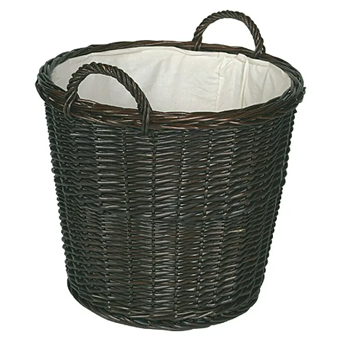 Lienbacher Weidenkorb - Durchmesser: 41 cm, Holz, Höhe: 50 cm - Ein dunkler Weidenkorb mit zwei Griffen und einem weißen Stoffeinsatz, ideal für Wäsche oder andere Aufbewahrungszwecke.