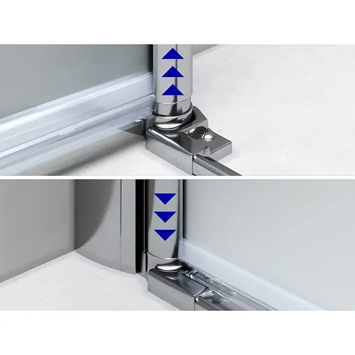 i-flair Dusch-Falttür DTSF96 - 96 x 195 cm, Beschichtet, Silber, Glasstärke: 6 mm - Verchromtes Duschkabinen-Eckgelenk mit Höhenverstellmechanismus, in gehobener und abgesenkter Position gezeigt.