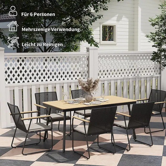 Outsunny Gartentisch-Set - Gesamtumfang: 7 -tlg., Metall, Holzwerkstoff, Polyester, Schaumstoff - Gartenset für 6 Personen: heller Holztisch, dunkle Stühle mit hellen Polstern und Holzarmlehnen, auf einer Terrasse.