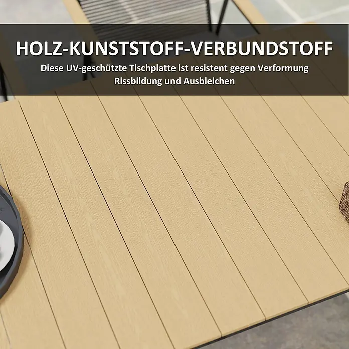 Outsunny Gartentisch-Set - Gesamtumfang: 7 -tlg., Metall, Holzwerkstoff, Polyester, Schaumstoff - UV-geschützte Tischplatte aus Holz-Kunststoff-Verbundstoff in Hellbraun, resistent gegen Verformung, Rissbildung und Ausbleichen.