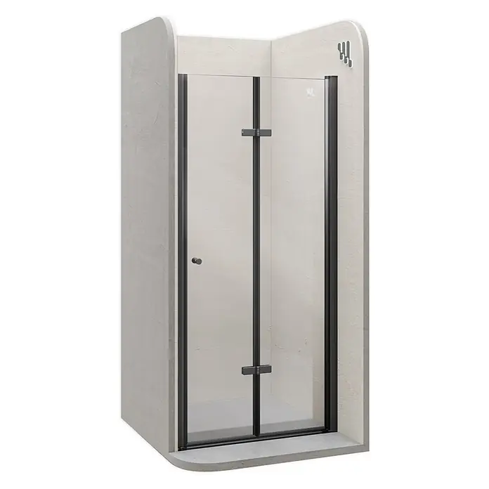 i-flair Dusch-Falttür DT822CB84 - Beschichtet, Schwarz, Glasstärke: 6 mm - Duschkabine mit schwarzem Rahmen und Klarglas, in einer strukturierten, hellen Wand.