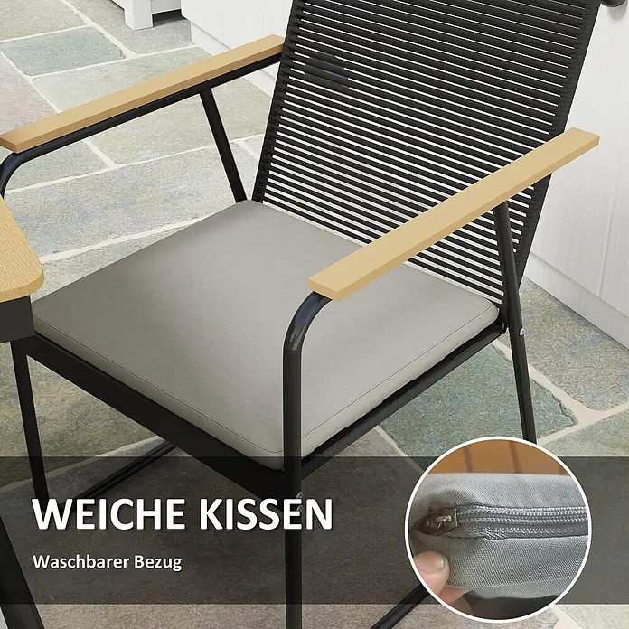Outsunny Gartentisch-Set - Gesamtumfang: 7 -tlg., Metall, Holzwerkstoff, Polyester, Schaumstoff - Outdoor-Stuhl mit schwarzem Gestell, Seilrückenlehne, Holzarmlehnen und weichem, waschbarem grauen Kissen auf einer Terrasse.