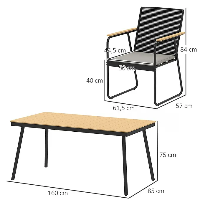 Outsunny Gartentisch-Set - Gesamtumfang: 7 -tlg., Metall, Holzwerkstoff, Polyester, Schaumstoff - Gartenstuhl in Schwarz und Holzoptik mit hellem Kissen und passendem rechteckigem Gartentisch.