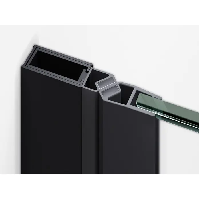 i-flair Dusch-Falttür DT822CB84 - Beschichtet, Schwarz, Glasstärke: 6 mm - Schwarzes Aluminiumrahmenprofil im Querschnitt mit integrierter grün getönter Glasscheibe.