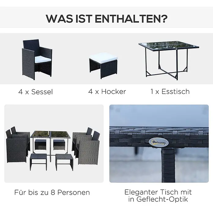 Outsunny Gartentisch-Set 9-tlg. inkl. Sitz- und Rückenkissen - Gesamtumfang: 9 -tlg., Polyrattan, Metall, Polyester - Schwarzes Rattan-Essgruppe mit 4 Sesseln, 4 Hockern und Glastisch für bis zu 8 Personen.