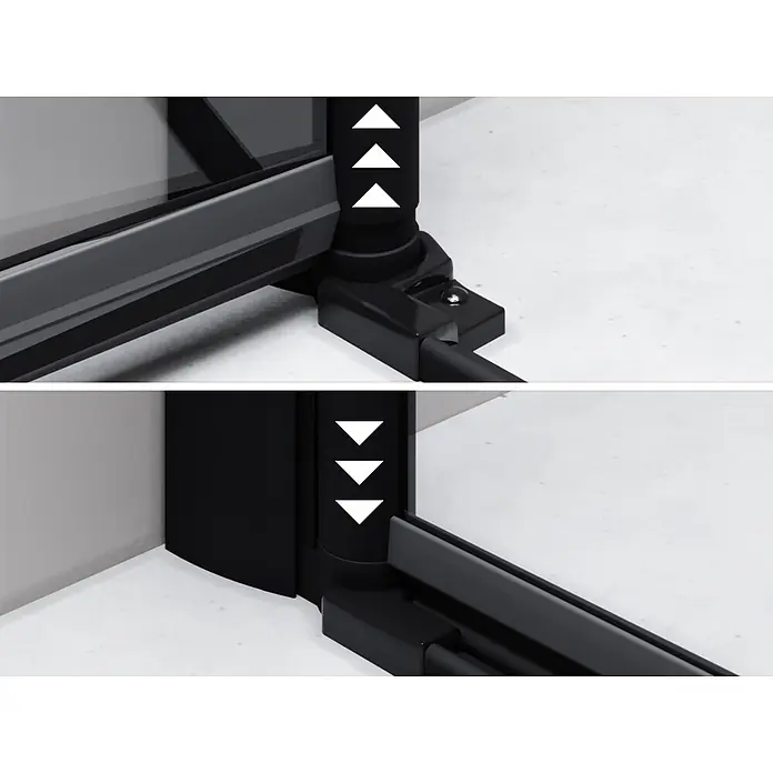 i-flair Dusch-Falttür DT822CB84 - Beschichtet, Schwarz, Glasstärke: 6 mm - Schwarz gerahmtes Glaspaneel mit vertikaler Höhenverstellung, gezeigt mit Pfeilen.
