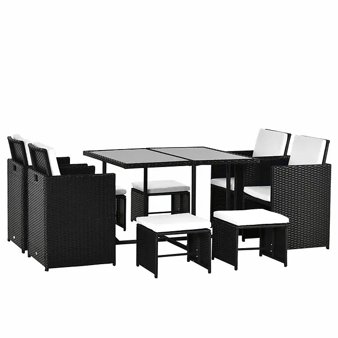 Outsunny Gartentisch-Set 9-tlg. inkl. Sitz- und Rückenkissen - Gesamtumfang: 9 -tlg., Polyrattan, Metall, Polyester - Schwarzes Rattan-Gartenset mit Glastisch, vier Stühlen und vier Hockern mit weißen Kissen, kompakt verstaubar.