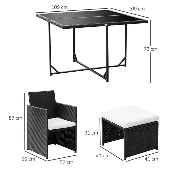 Outsunny Gartentisch-Set 9-tlg. inkl. Sitz- und Rückenkissen - Gesamtumfang: 9 -tlg., Polyrattan, Metall, Polyester - Schwarzes Rattan-Gartenset mit quadratischem Tisch, Sessel und Hocker, weißer Auflage und schwarzen Metallrahmen, Maße sind angegeben.