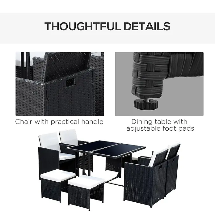 Outsunny Gartentisch-Set 9-tlg. inkl. Sitz- und Rückenkissen - Gesamtumfang: 9 -tlg., Polyrattan, Metall, Polyester - Schwarzes Rattan-Essgarnitur für den Außenbereich mit weißen Kissen. Stühle mit Griffen und Tisch mit verstellbaren Füßen.