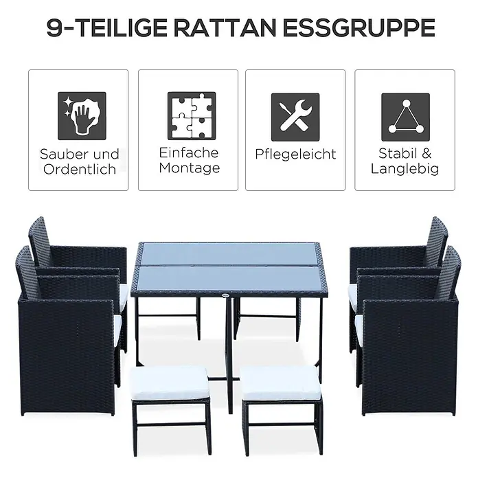 Outsunny Gartentisch-Set 9-tlg. inkl. Sitz- und Rückenkissen - Gesamtumfang: 9 -tlg., Polyrattan, Metall, Polyester - Eine 9-teilige schwarze Rattan-Essgruppe mit Glastisch, sechs Sesseln und zwei Hockern, alle mit weißen Kissen.